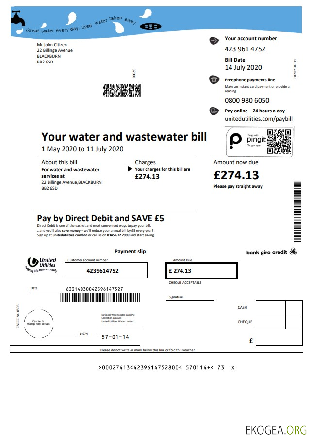 United Kingdom United Utilities water utility bill template in Word and PDF format